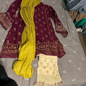 Maroon and Yellow Embroidered Kurta Set